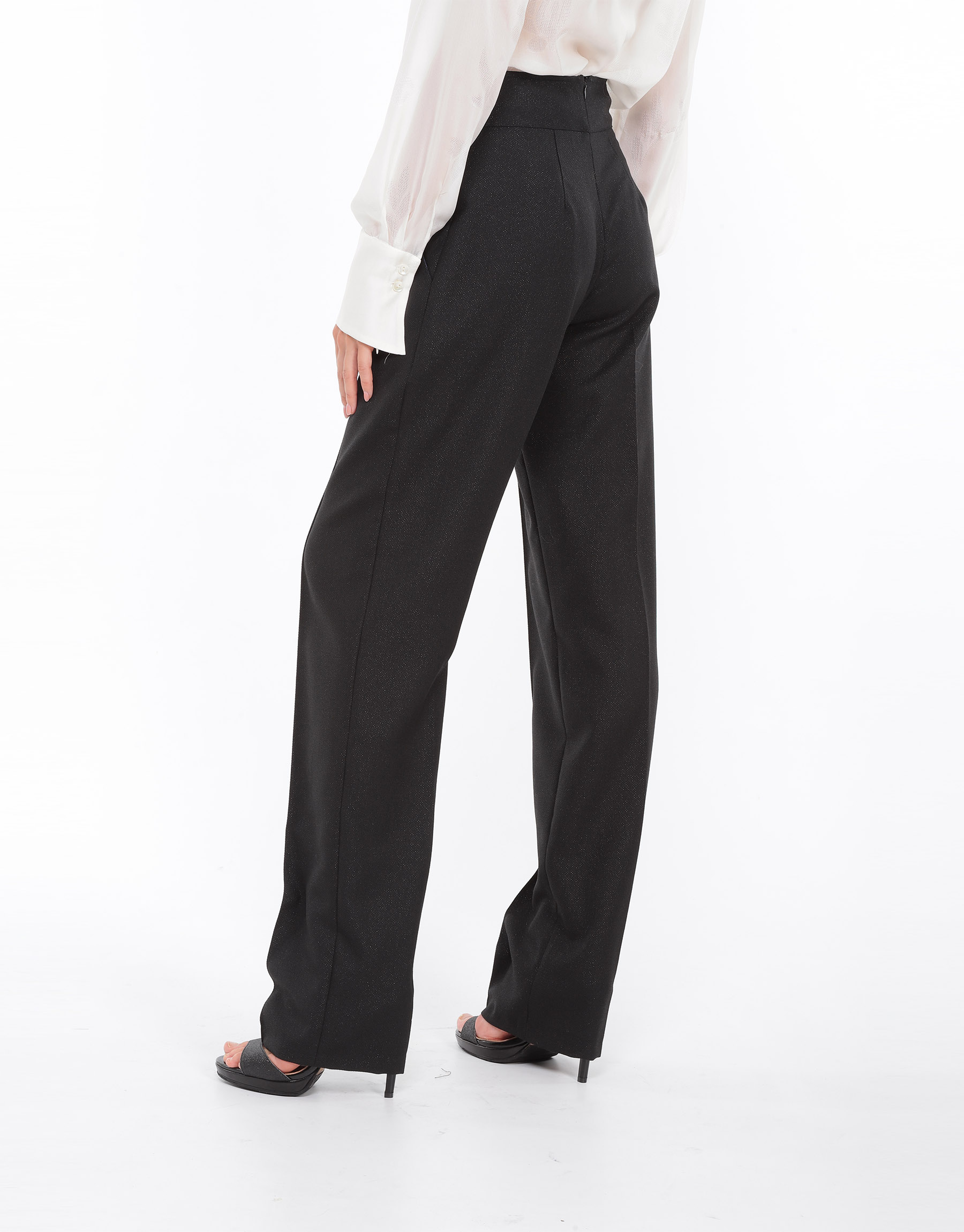 Pantalon droit taille haute en laine irisée noir ou coton et soie rouge